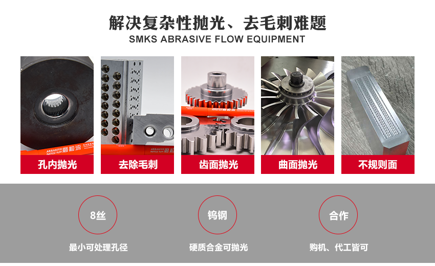 利用高分子彈性軟磨料，通過(guò)擠壓研磨的方式，將軟性磨料擠壓進(jìn)入工件內(nèi)孔或待拋光面，軟性磨料不斷流動(dòng)，進(jìn)行反復(fù)摩擦研磨，從而達(dá)到拋光去毛刺的目的。 磨粒流屬于物理研磨，不需要任何腐蝕性或?qū)Νh(huán)境及人體有害的化學(xué)物質(zhì)，安全環(huán)保！且在研磨過(guò)程中，工件被工裝保護(hù)，不會(huì)造成磕碰，利于精度保持。